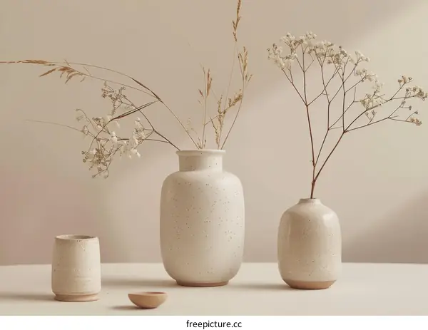 Three ceramic vases with dried flowers on a table against a beige background.
