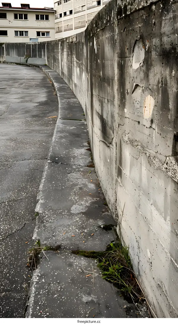 Concrete Wall With Cracks And Grass Growing In A Parking Lot