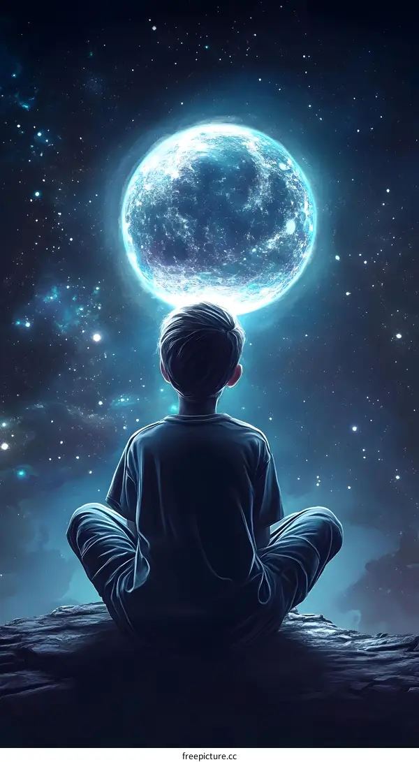 Boy Sitting In Front Of A Giant Moon