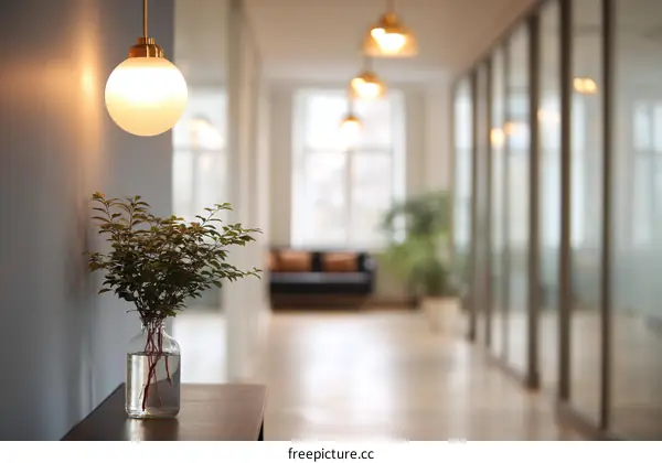 Modern Office Corridor with Warm Lighting and Plants