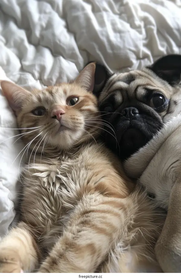 Orange cat and pug lying on a white blanket