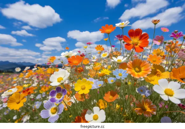 Field of colorful flowers under a blue sky