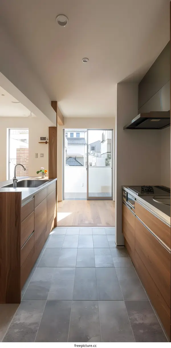 Modern Kitchen Design with Grey Tiles and Wooden Cabinets