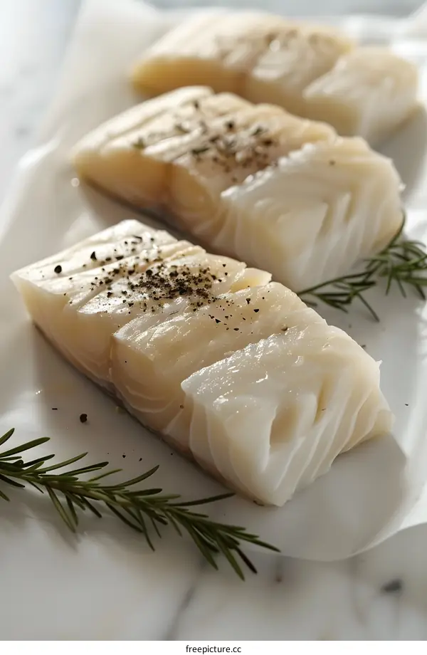 Three pieces of raw white fish fillet with black pepper and rosemary