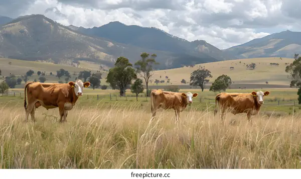Three cows standing in a lush green field looking at the camera