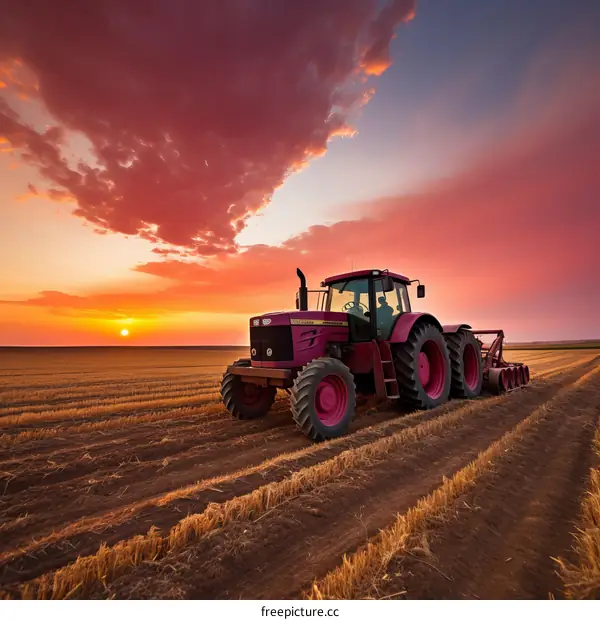 Farming with Tractor at Sunset