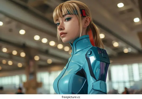 Portrait of a young woman with blonde hair and blue eyes dressed in a blue bodysuit.