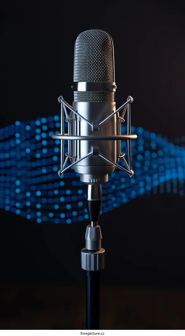 Professional microphone on stage with blue lights in the background