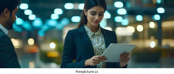 Businesswoman Working On Tablet in Office Lobby