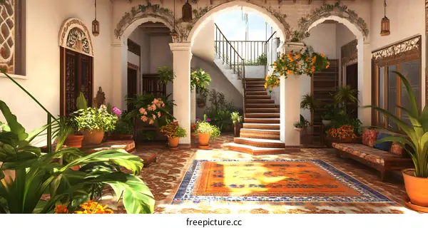 Spanish Style Courtyard with Plants and Archways