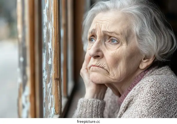 Elderly Woman Looking Through Window