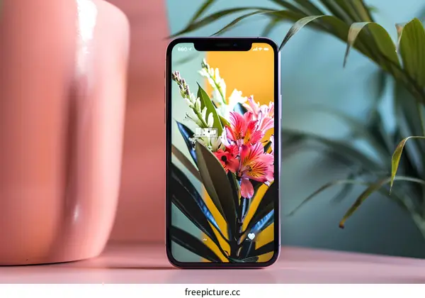 Closeup of Smartphone Screen with Flower Wallpaper