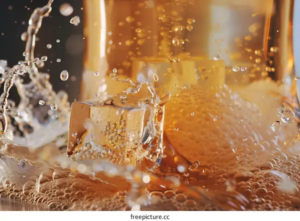 Ice Cube Dropping in Golden Liquid with Bubbles