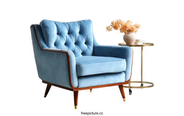 [Transparent Background PNG]Stylish Light Blue Velvet Armchair with Side Table