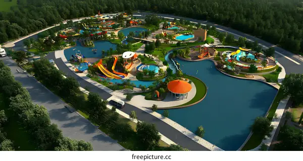 Aerial View of a Water Park with Slides and Pools