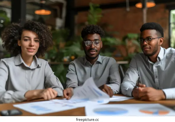 Three young African American business professionals in a meeting discussing financial reports