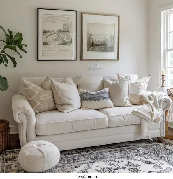 Cozy Living Room with White Sofa and Vintage Prints
