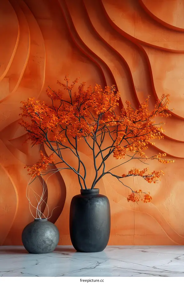 Modern Decorative Orange Wall with Vases