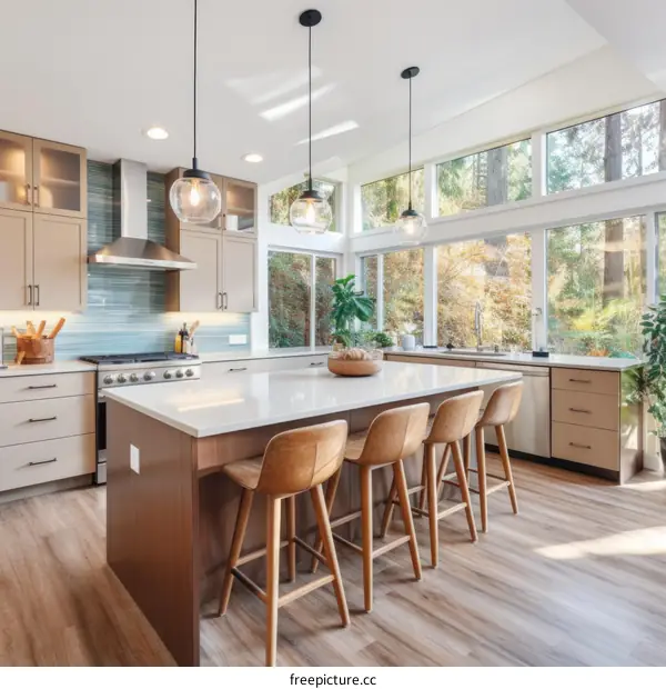 Modern kitchen with large windows capturing forest views