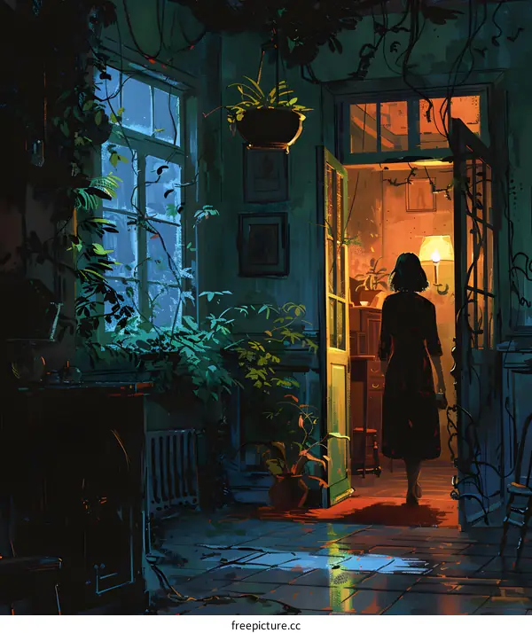 A woman standing in a room with many plants and an open door