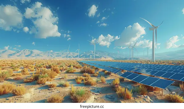 A large solar farm and wind farm in the middle of the desert