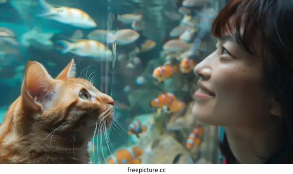 A woman and a cat looking at an aquarium