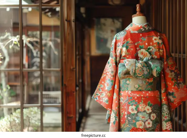 A kimono with a floral pattern displayed on a mannequin