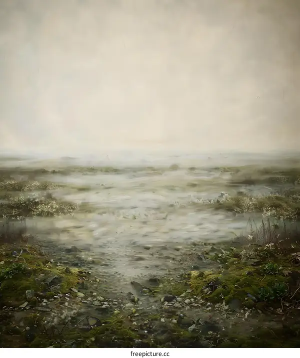 Misty Landscape with Grass and Rocks