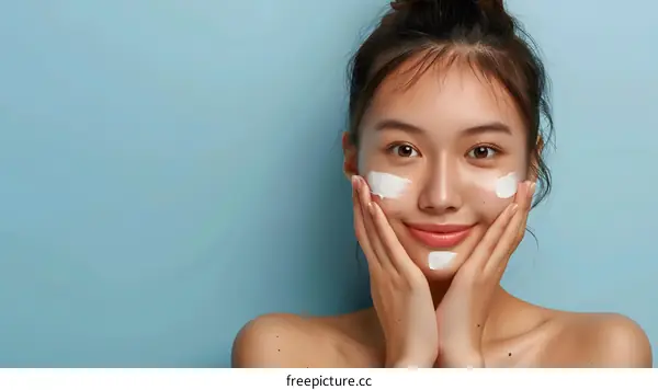 Smiling Asian Woman Applying Face Cream
