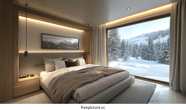 Modern Alpine Bedroom with Snowy Mountain View