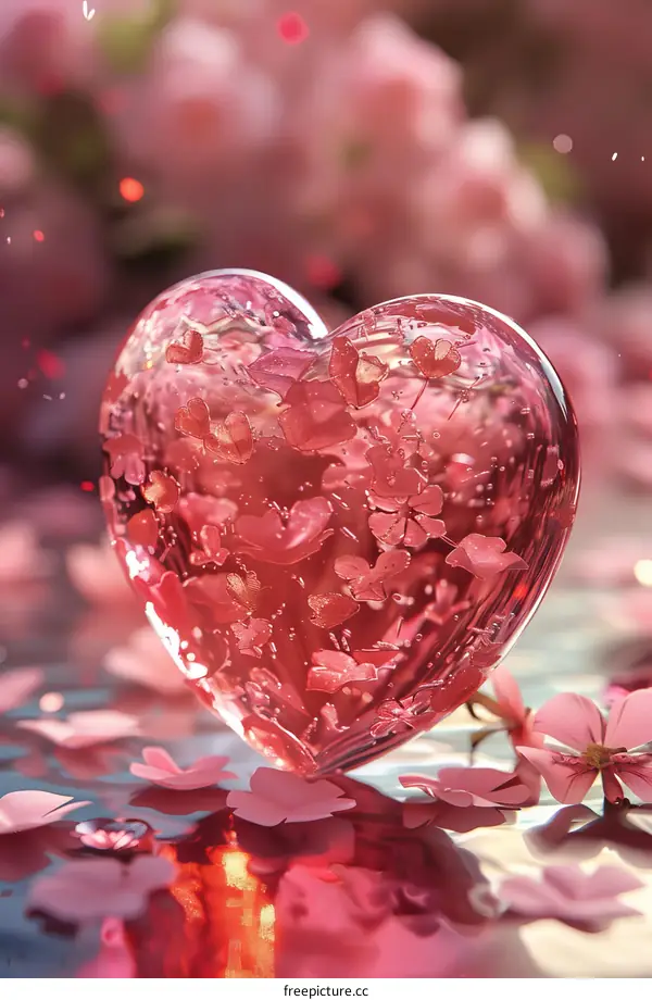 Floating Glass Heart with Pink Petals