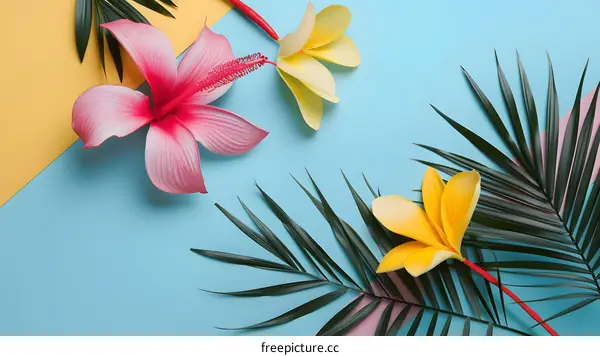 Tropical Flowers and Palm Leaves on a Colorful Background