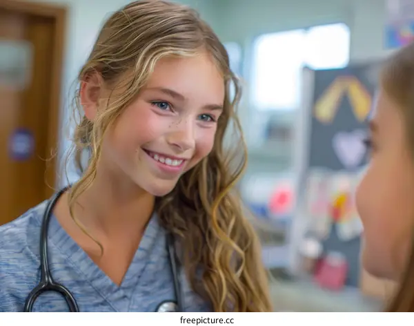 Young girl smiling while wearing a stethoscope
