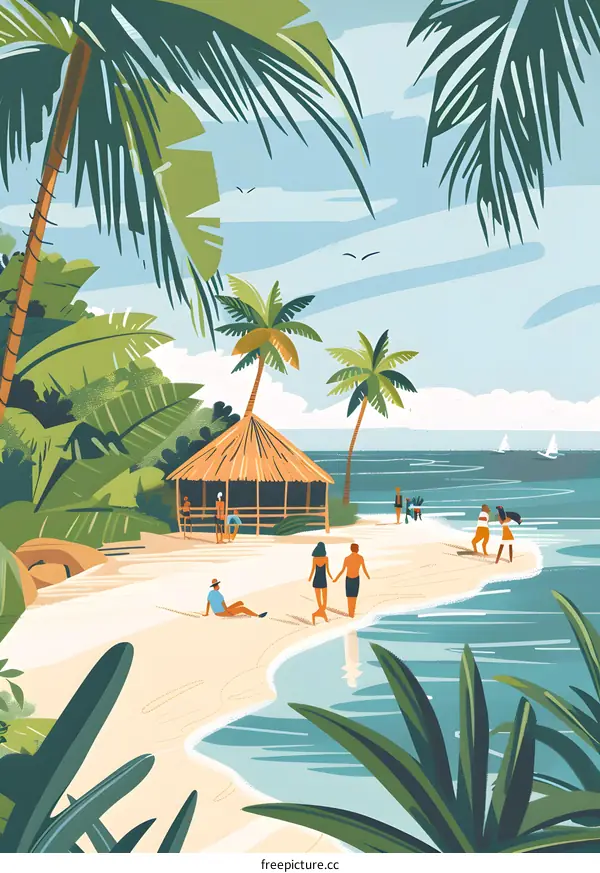 Tropical Beach Illustration with Palm Trees and People
