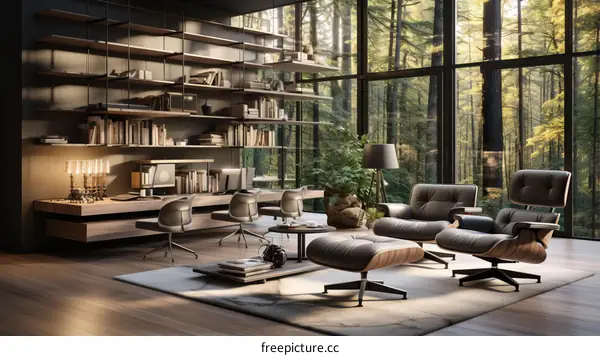 Modern home office with large windows and a view of the forest