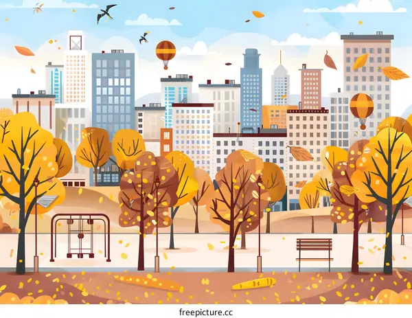 Autumn City Park Illustration With Yellow Leaves And Hot Air Balloons