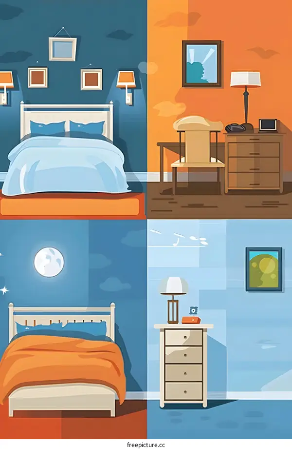 Night And Day Bedroom Interior Illustration