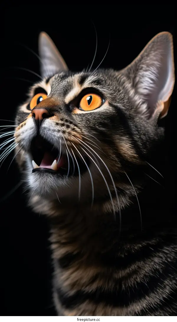 A Curious Cat Looking Up with Its Mouth Open