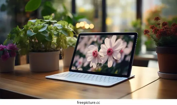 Tablet with Keyboard on Wooden Desk Surrounded by Plants