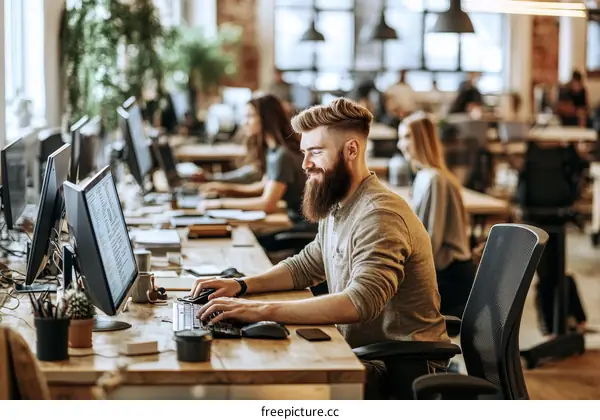 Busy modern office interior with workers at computers