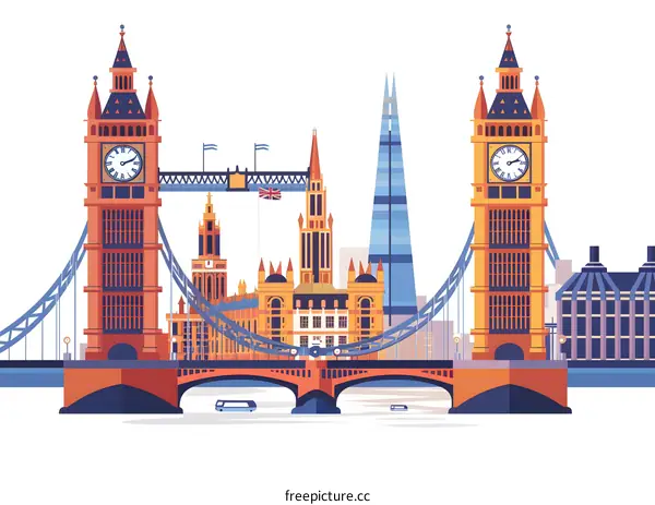London Skyline Illustration with Big Ben, Tower Bridge, and Shard