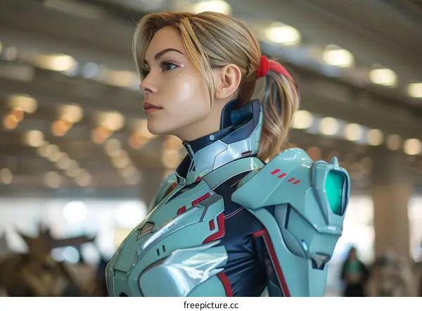 portrait of a young woman in futuristic armor