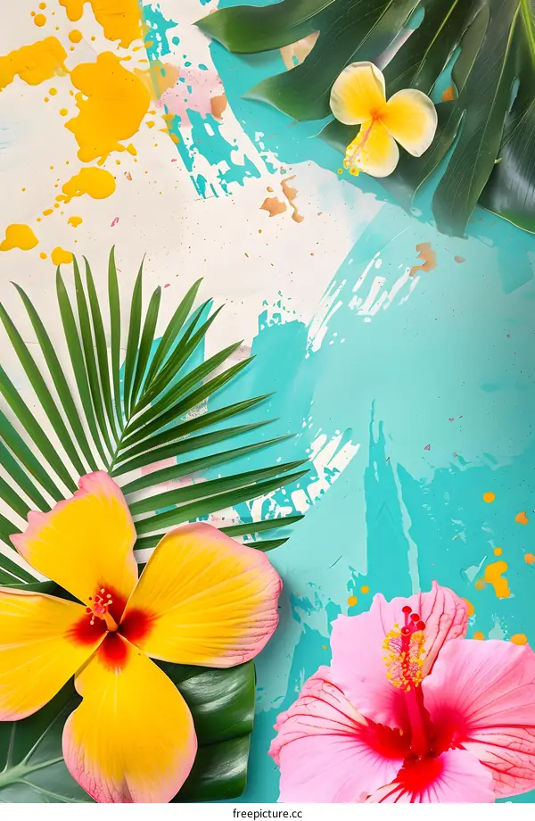 Tropical Flower Background with Yellow and Pink Hibiscus