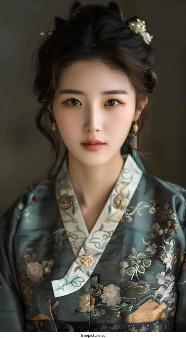 Portrait of a beautiful Asian woman in traditional Korean dress, hanbok