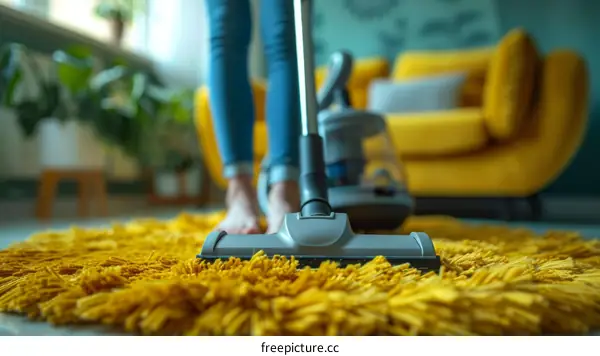 Barefoot woman vacuuming a yellow carpet in the living room