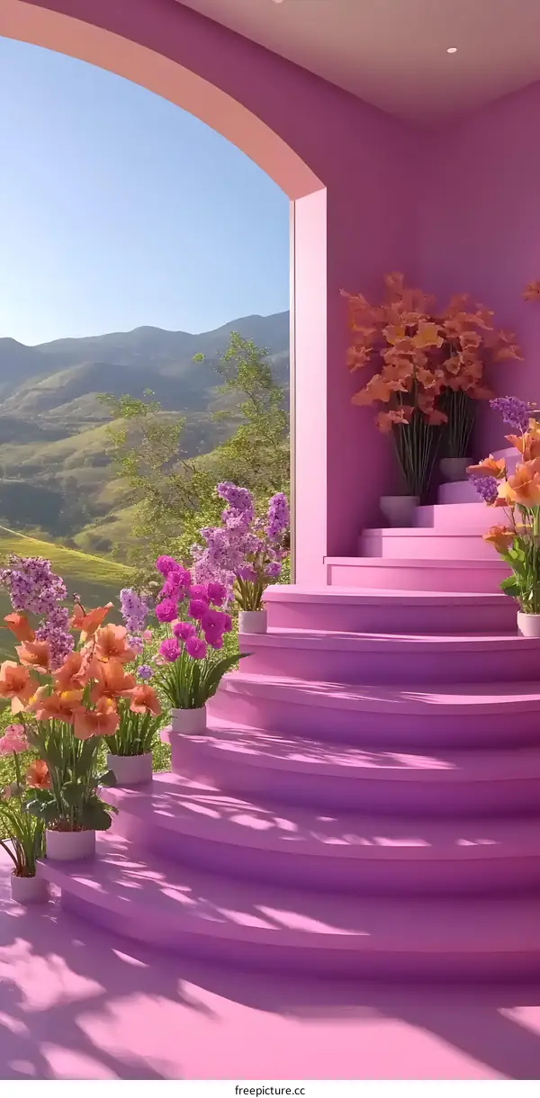 Pink Stairs with Flowers and Mountain View