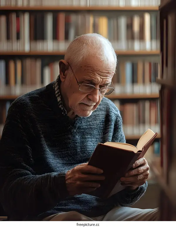 Elderly Man Reading a Book in a Library