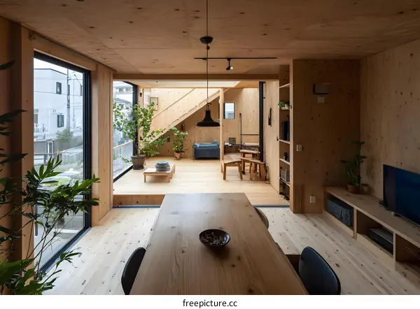 Modern Japanese Wooden Home Interior Design with Large Windows and Natural Light