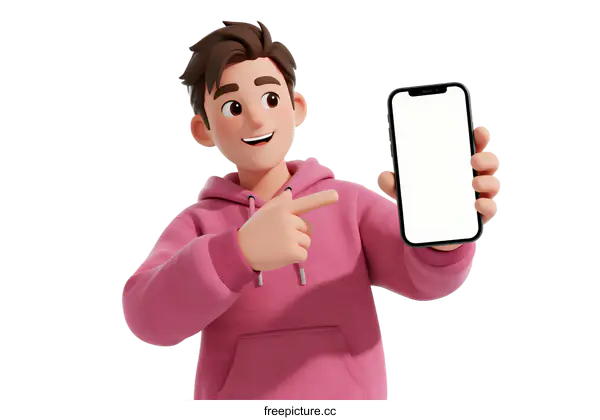 [Transparent Background PNG]3D character pointing at a smartphone screen displaying blank