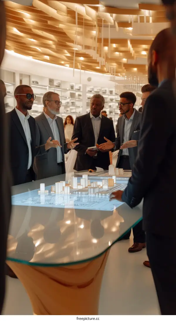 Businessmen discussing a project using a holographic model